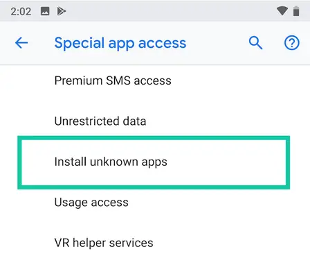 Android Special app access screen with Install unknown apps highlighted