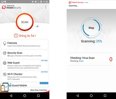 Trend Micro Mobile Security antivirus scanning apps on an Android phone