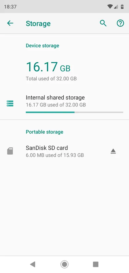 Android Storage settings showing device and SD card usage