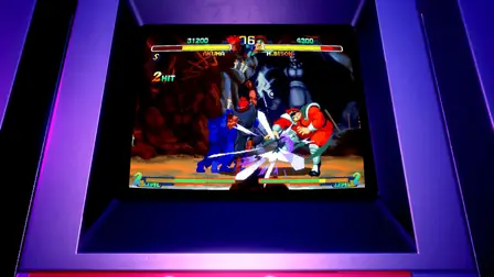 Street Fighter Alpha arcade battle with health bars on a cabinet screen