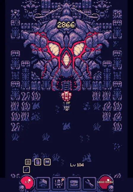 Pixel-art monster boss battle from a mobile RPG