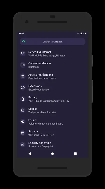 Android Settings menu on a dark-themed phone